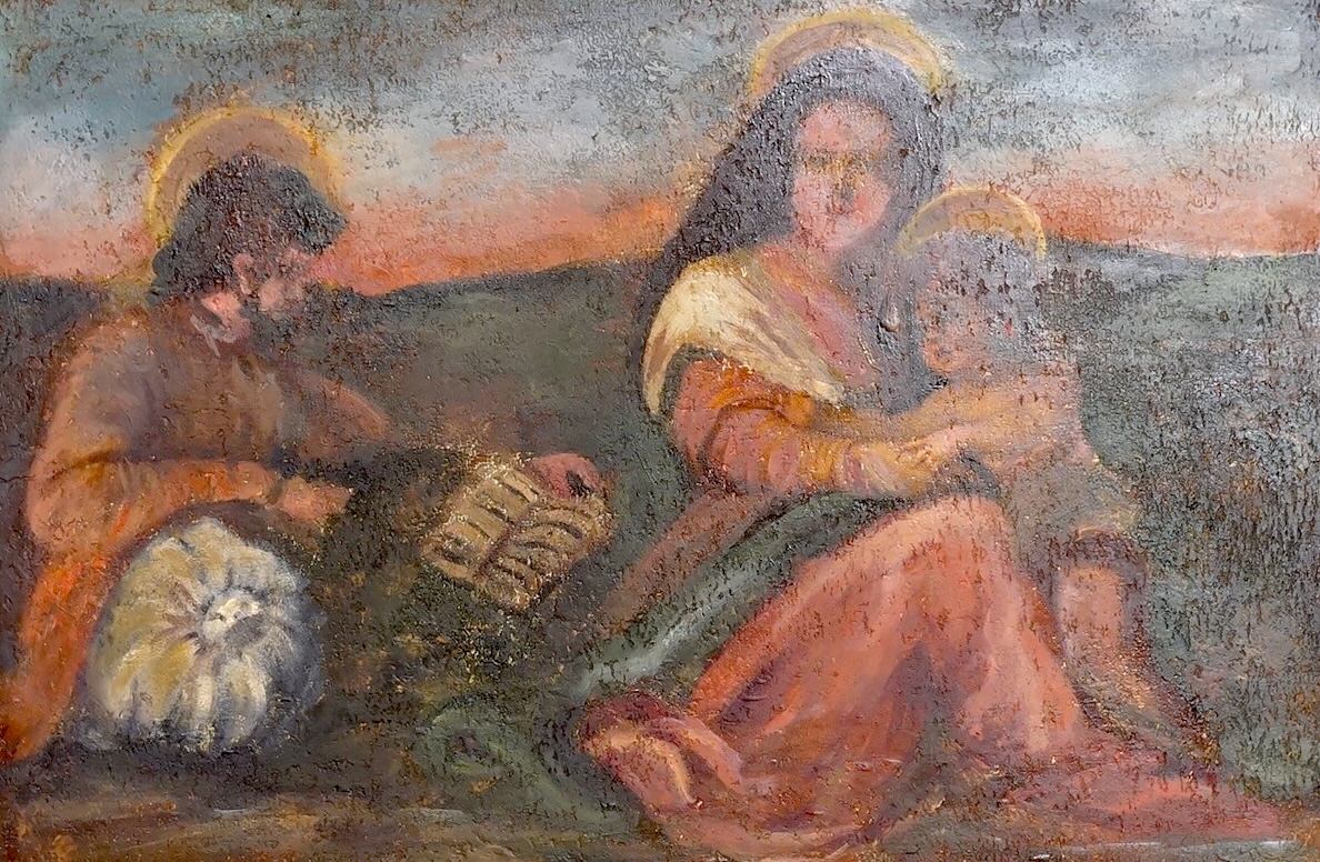 19th century School, Study of three angels before a landscape, naive oil on wood panel, 32 x 47cm